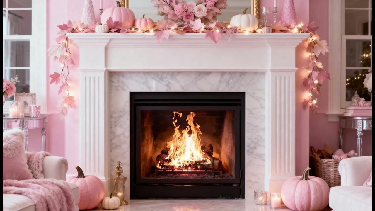 Pink autumn fireplace ambience 🩷 preppy girly fall aesthetic background & crackling fire ASMR