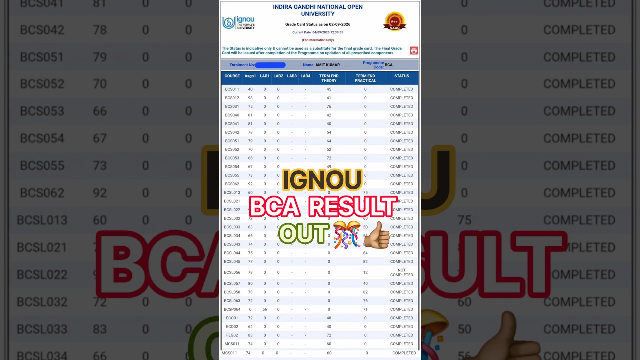 IGNOU BCA  PROGRAM June 2026 Result OUT  passing marks Chick kare 🔥 | IGNOU June Exam  Result 2026 |