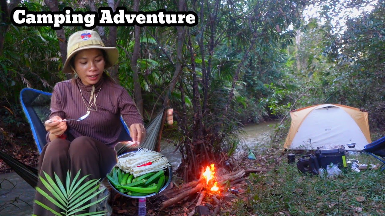 Camping adventure in the deep forest, cooking food
