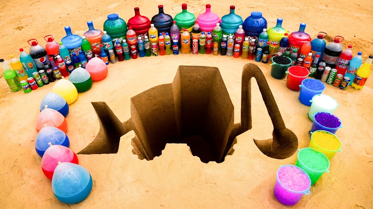 Making a Giant Excavator Pit with Coca-Cola, Fanta, Sprite, Orbeez & Mentos