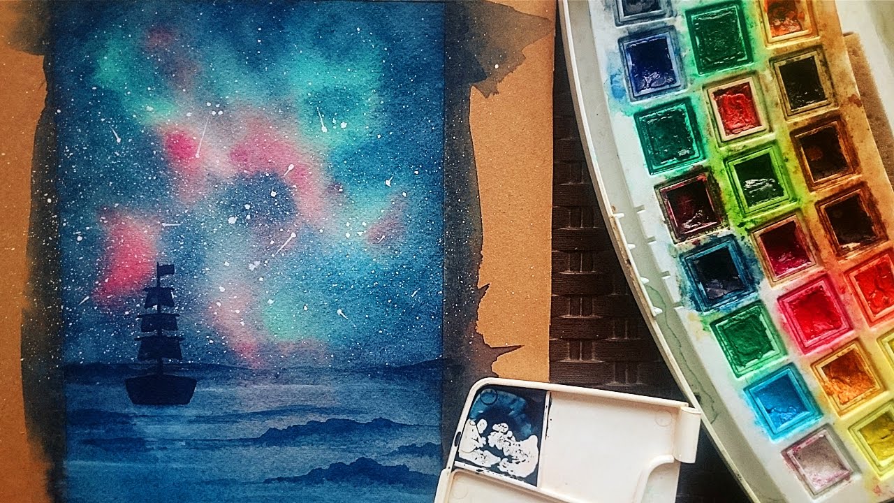 تعلم الرسم : كيف ترسم منظر طبيعي ليلي بحر و قارب و سماء المجرة بالالوان المائية