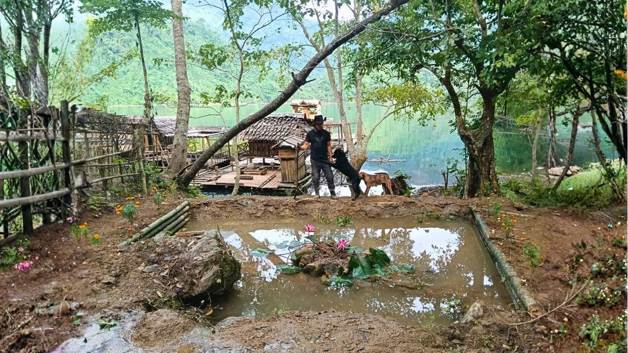 Building a pond on an island. Living on a floating house in the middle of a lake