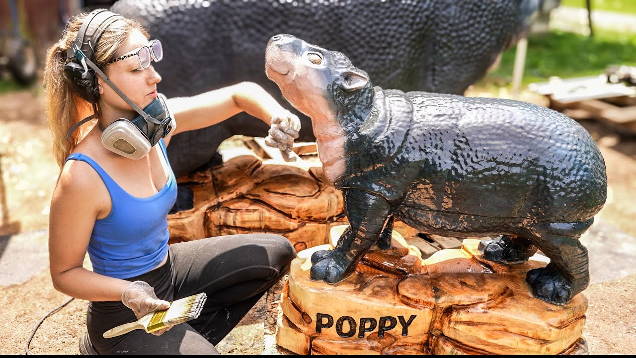 Chainsaw Carving A Baby Pygmy Hippo - POPPY!
