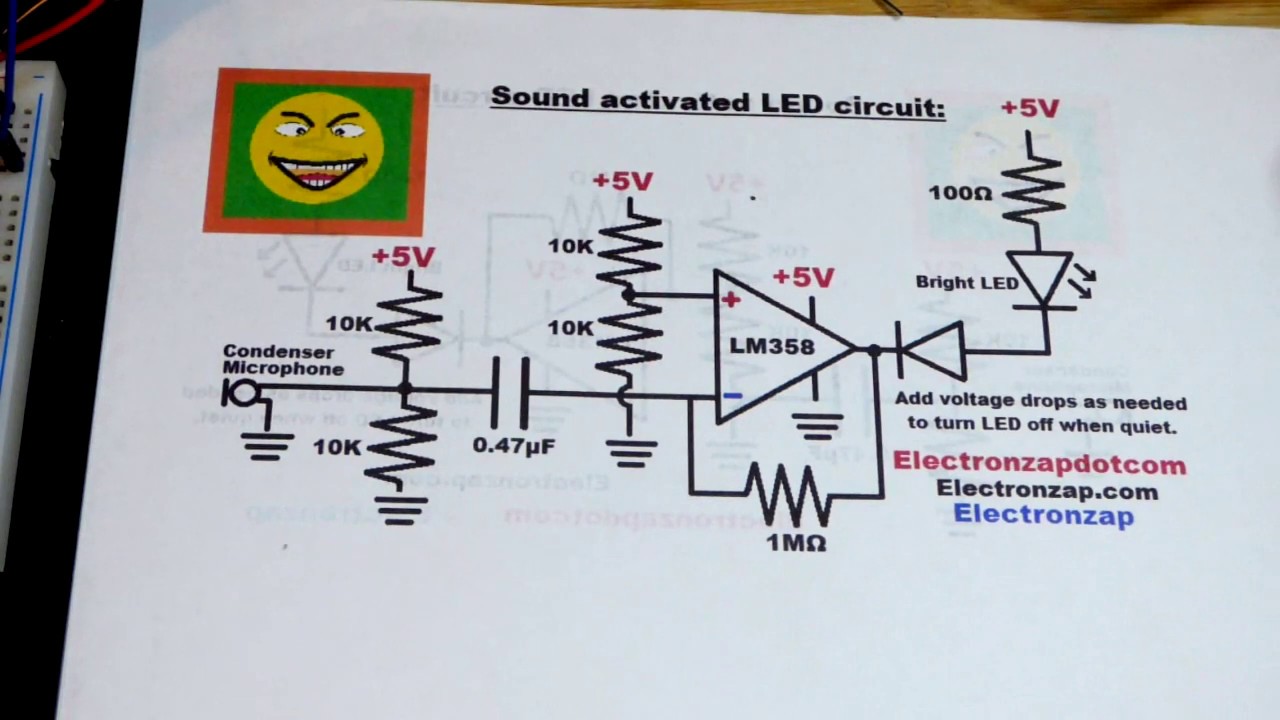 LM358 op amp condenser microphone sound activated LED electronics circuit by electronzap