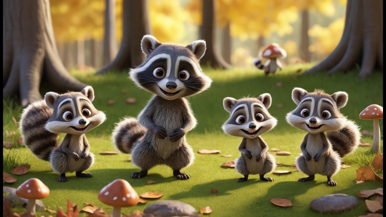 Cinco Pequeños Mapaches de Puntillas | Rimas Infantiles y Canciones para Niños