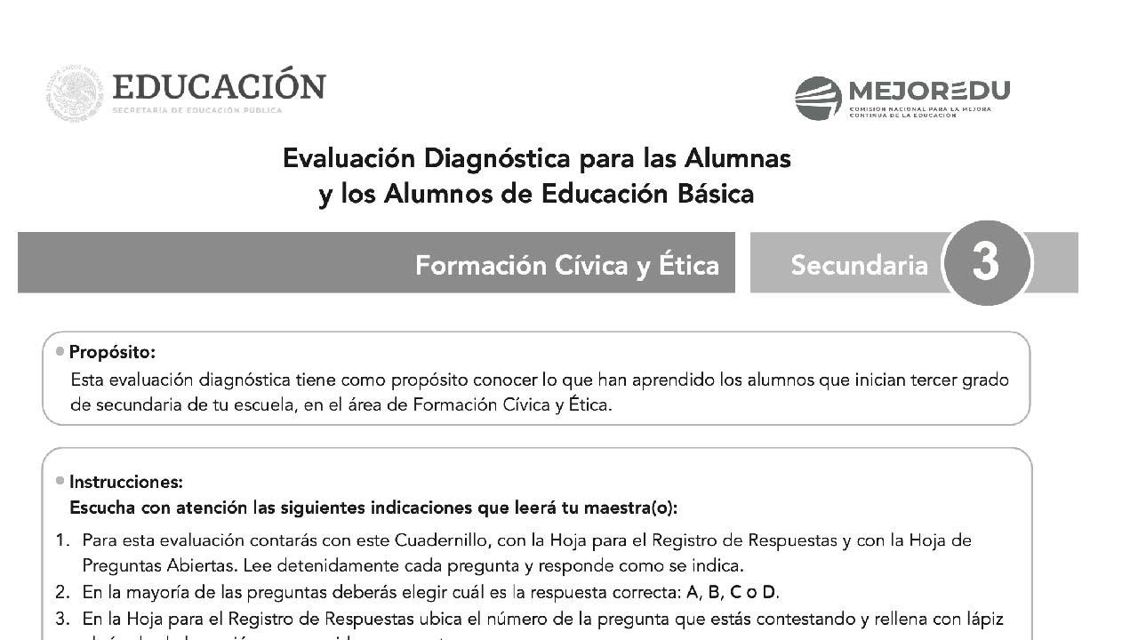 EXAMEN DIAGNÓSITICO FORMACIO CIVICA Y ETICA|TERCERO DE SECUNDARIA MEJOREDU