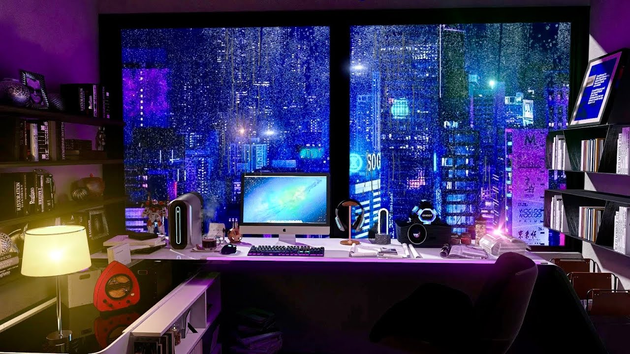 サイバーパンクの部屋で作業する雨の夜