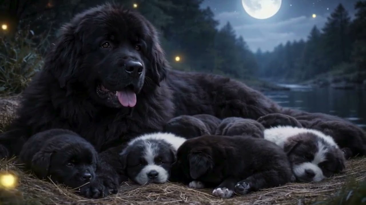 Moonlit Newfoundland Puppies 🐾 | Calm Nighttime Puppy Sleep • Gentle Music • Relaxing Visuals
