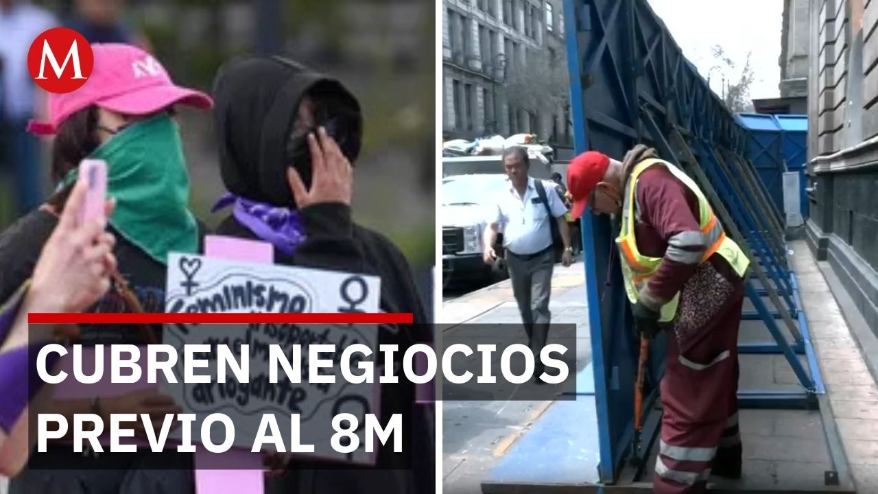 Locatarios del Zócalo cubren negocios y tapan letreros previo a la marcha del 8M