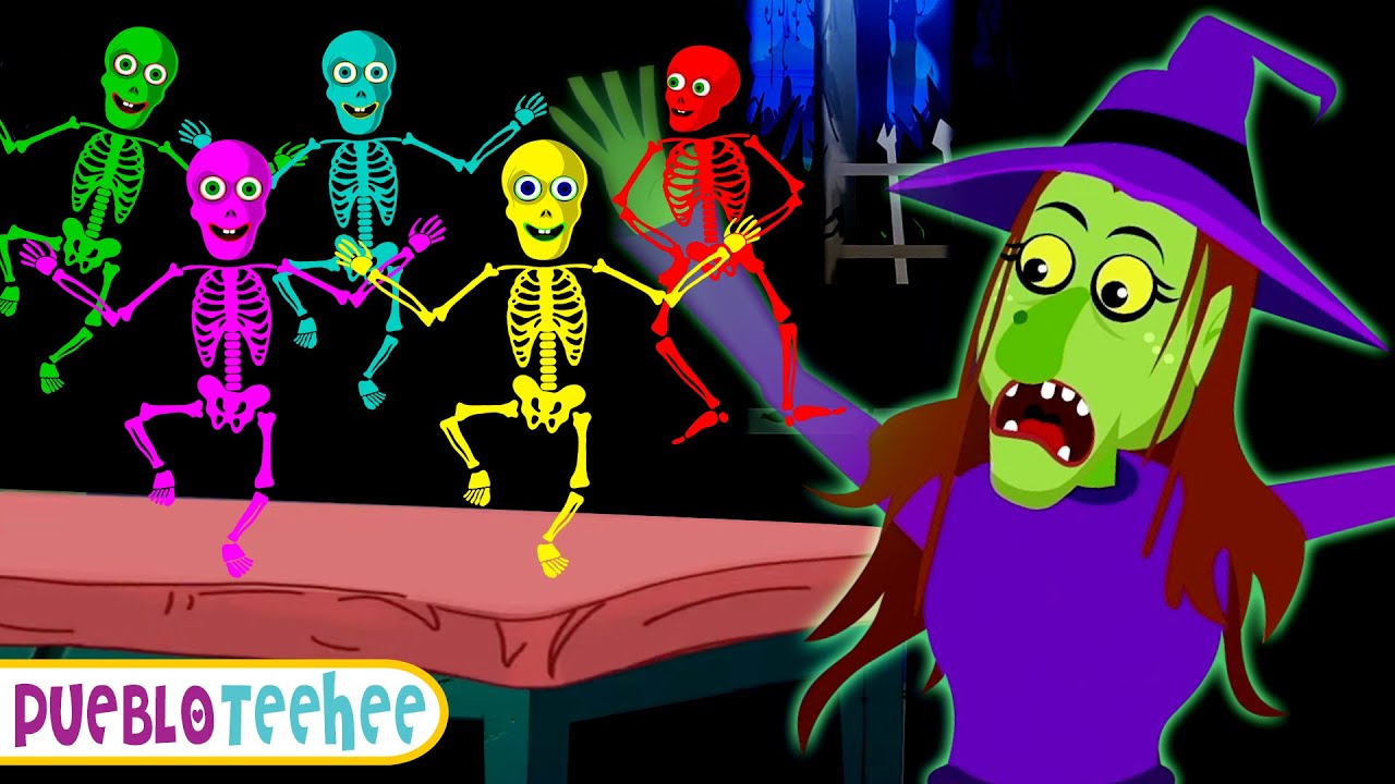 Cinco esqueletos divertidos saltando en la cama 💀| Canciones divertidas de Halloween | Pueblo Teehee
