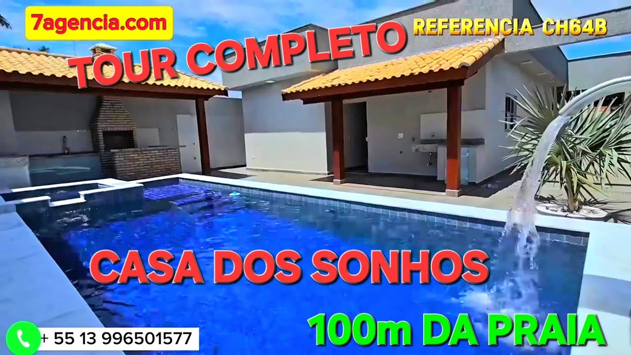 ​CASA NOVA COM PISCINA GIGANTE E JACUZZI EM ITANHAÉM! 3 Dorms (2 Suítes) a 100m da Praia - Ref CH64B