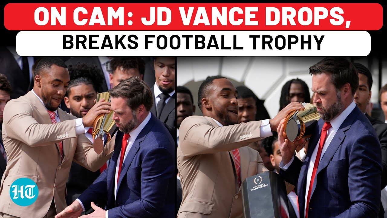 On Cam: JD Vance Drops, Breaks Football Trophy In Front Of College Champions| Trump| Ohio State Univ
