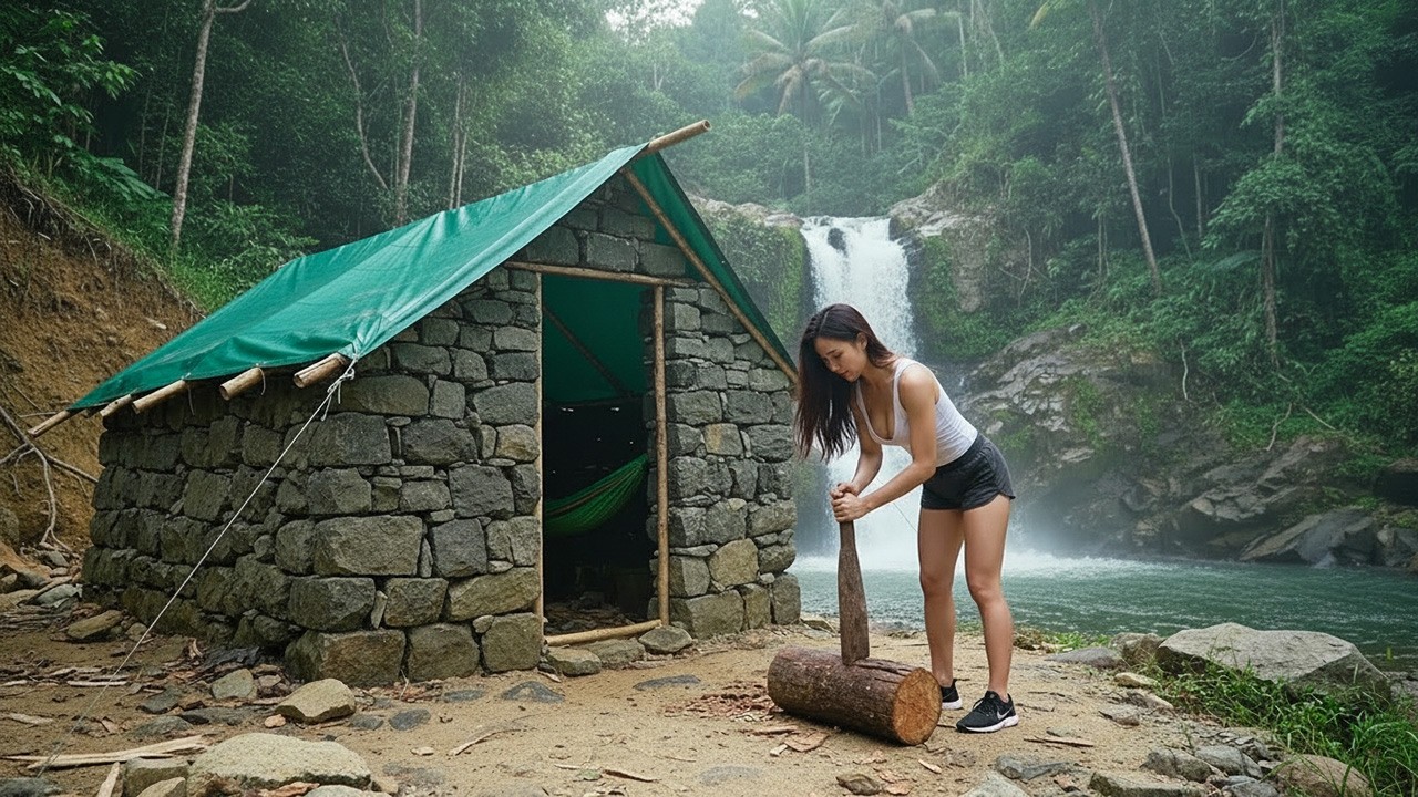 3 Days Survival Alone: Staying in a Stone Tent Beside a Remote Water Creek