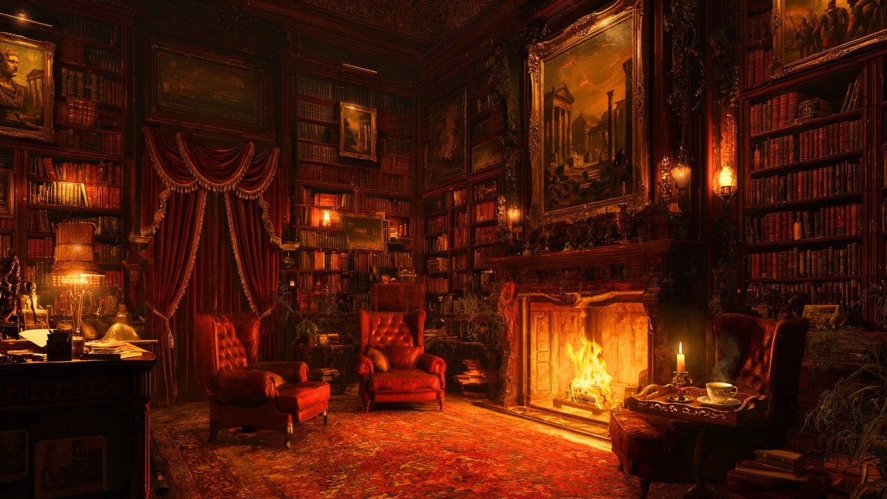 You're Reading Alone in a Cozy Home Library | Fireplace & Candlelight for 8 Hours of Deepest Sleep