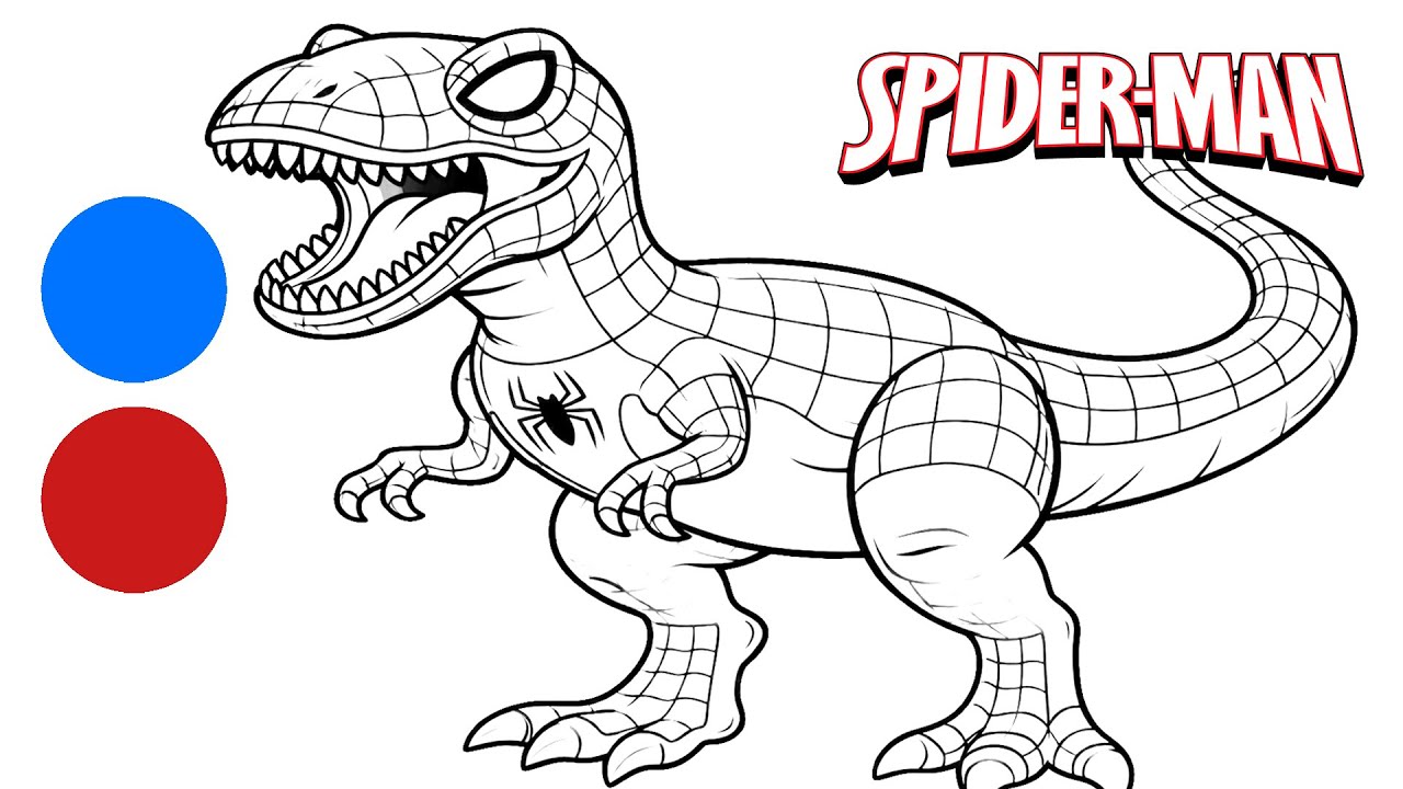 Coloring T-REX in Spiderman Costume | Black and White to Color |  Spiderman  Uniform Coloring Pages