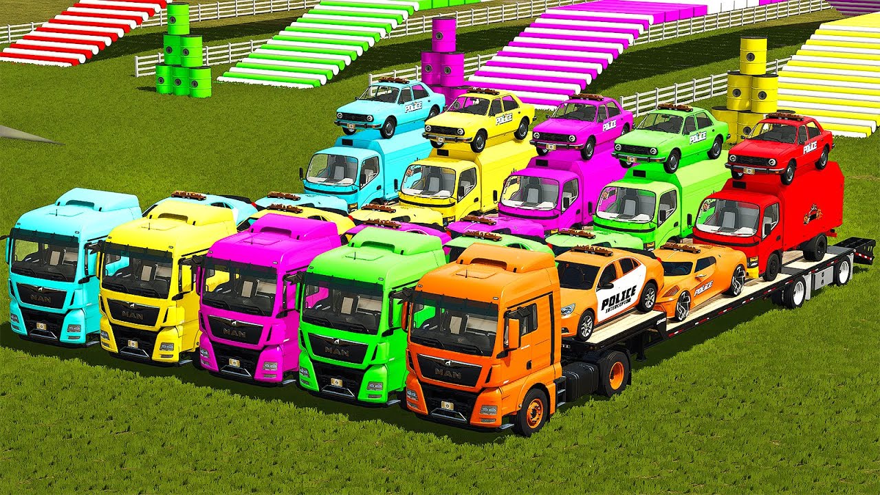 TRANSPORTING NEW POLICE MALIBU, NISSAN DYNA, BUGATTI & SKODA WITH MAN TRUCKS! Farming Ssimulator 25