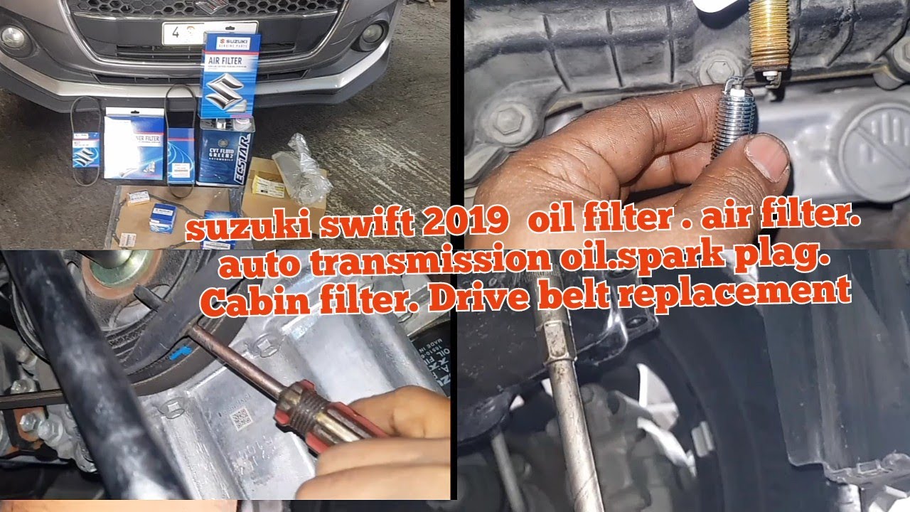suzuki swift 2019 oil filter.air filter.auto transmission oil.spark plag. Drive belt replacement