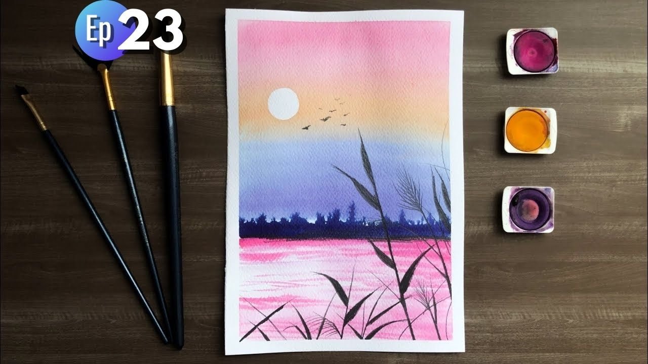 Акварель для начинающих # 23 / Как нарисовать розовый пейзаж 🧠👅