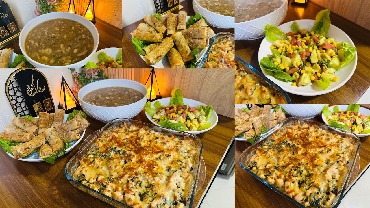 مائدة الإفطار رمضان صيحة بدون عجئن شوربة بدجاج و كروفيت سيكار بالخضار كراتان بدجاج و سبانخ سلاطة 🥗 