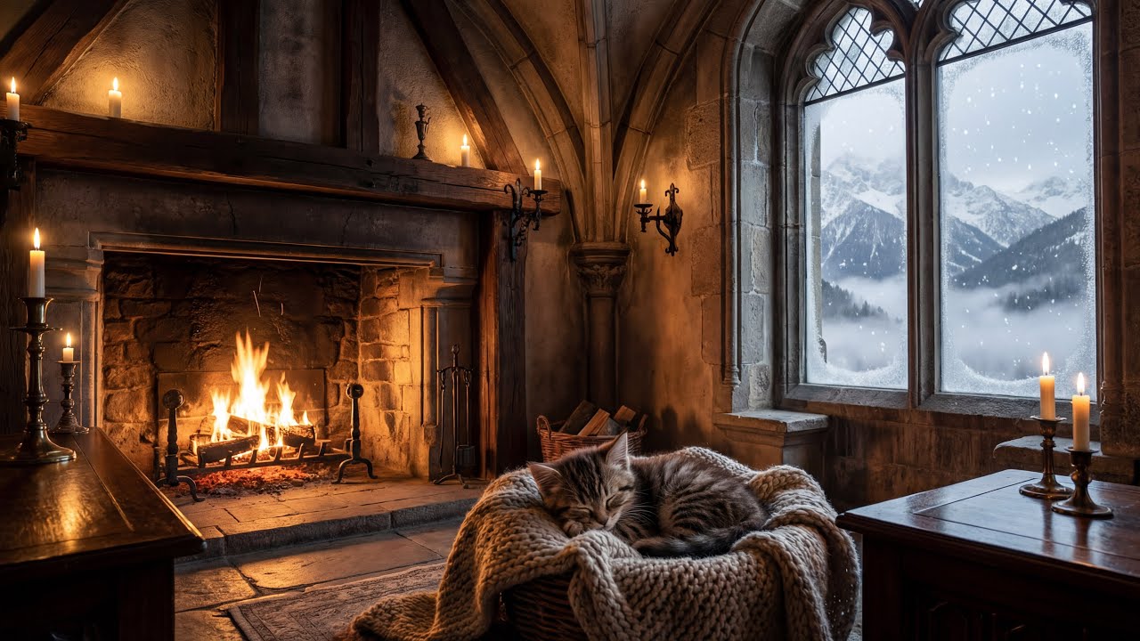 Cozy Fireplace & Snowfall Ambience | Sleeping Cat by the Window | (3 Hours) | Loop #03