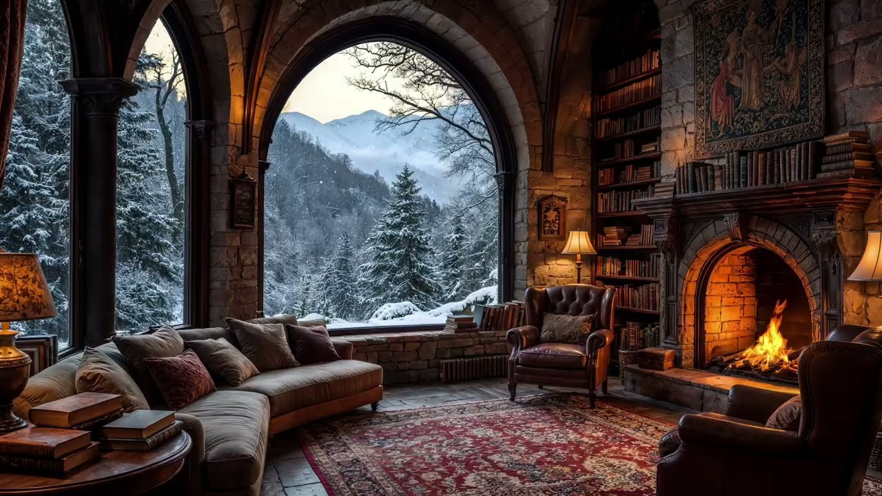 Snowfall Dreams by the Fire in Cozy Castel Room 🔥 Cozy Winter Night Ambience for Sleep & Calm