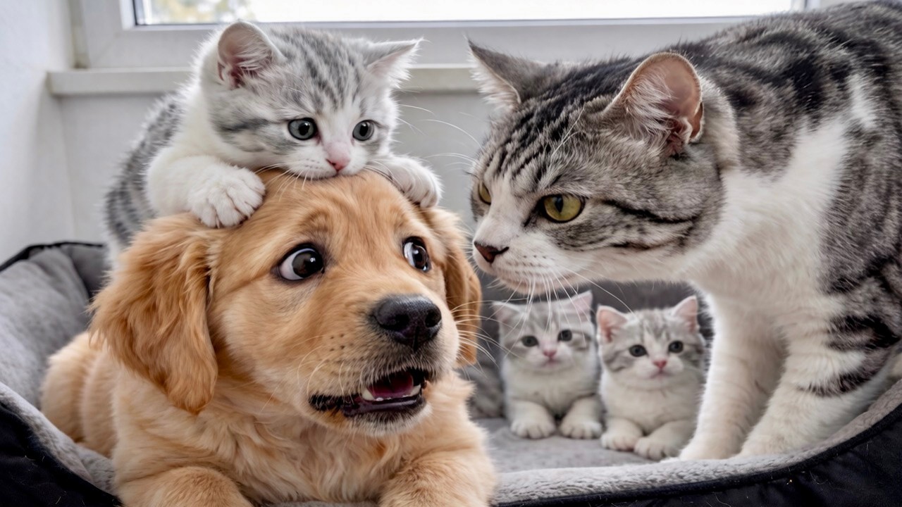 Щенок золотистого ретривера 🐕 хочет быть папой котят, мама-кошка в недоумении… Тёплый финал ❤️
