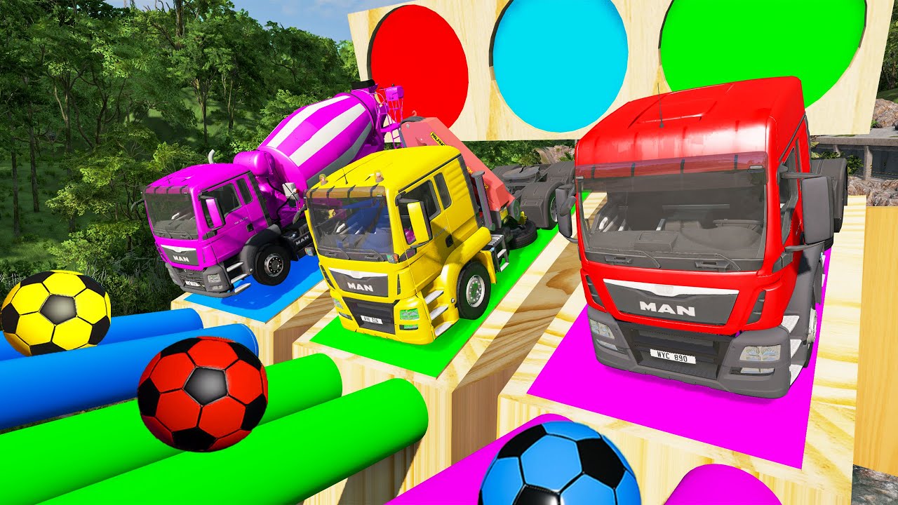 Flatbed Trailer Truck Rescue Bus - Cars vs Deep Water - Cars vs Rails and Trains - BeamNG Drive