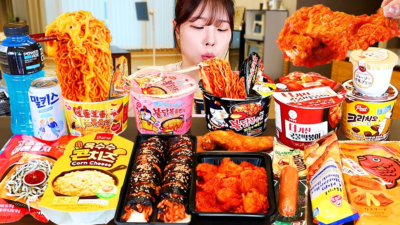 ASMR MUKBANG| Магазин у дома! Лапша на гриле, сырный кимбап, токпокки, сосиски, курица, хот-дог.