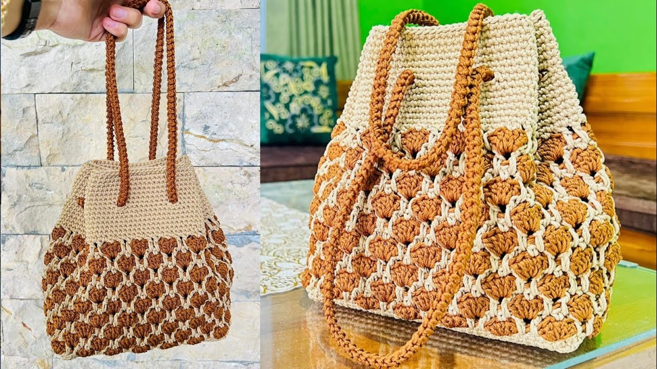 Very Easy & Beautiful Crochet Drawstring Bag Tutorial | Cara Membuat Tas Rajut Super Mudah