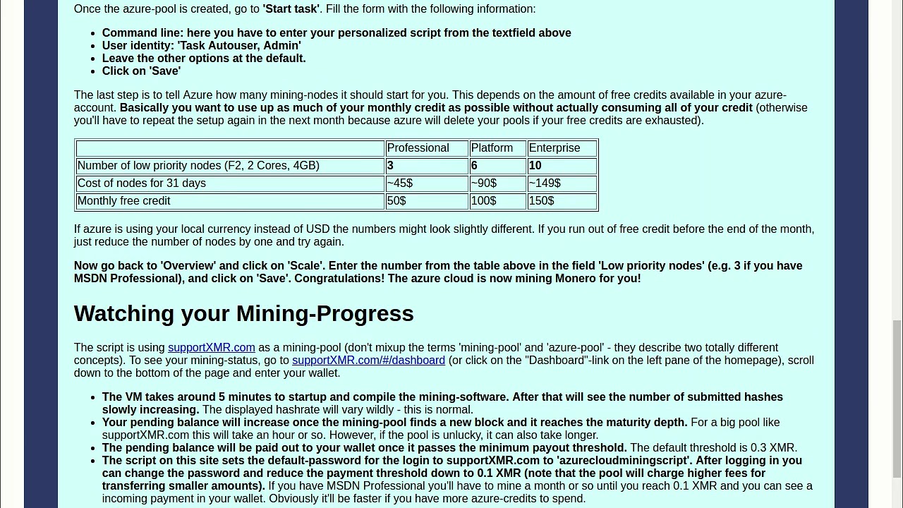 Mining the Cryptocurrency Monero (XMR) in the Azure Cloud