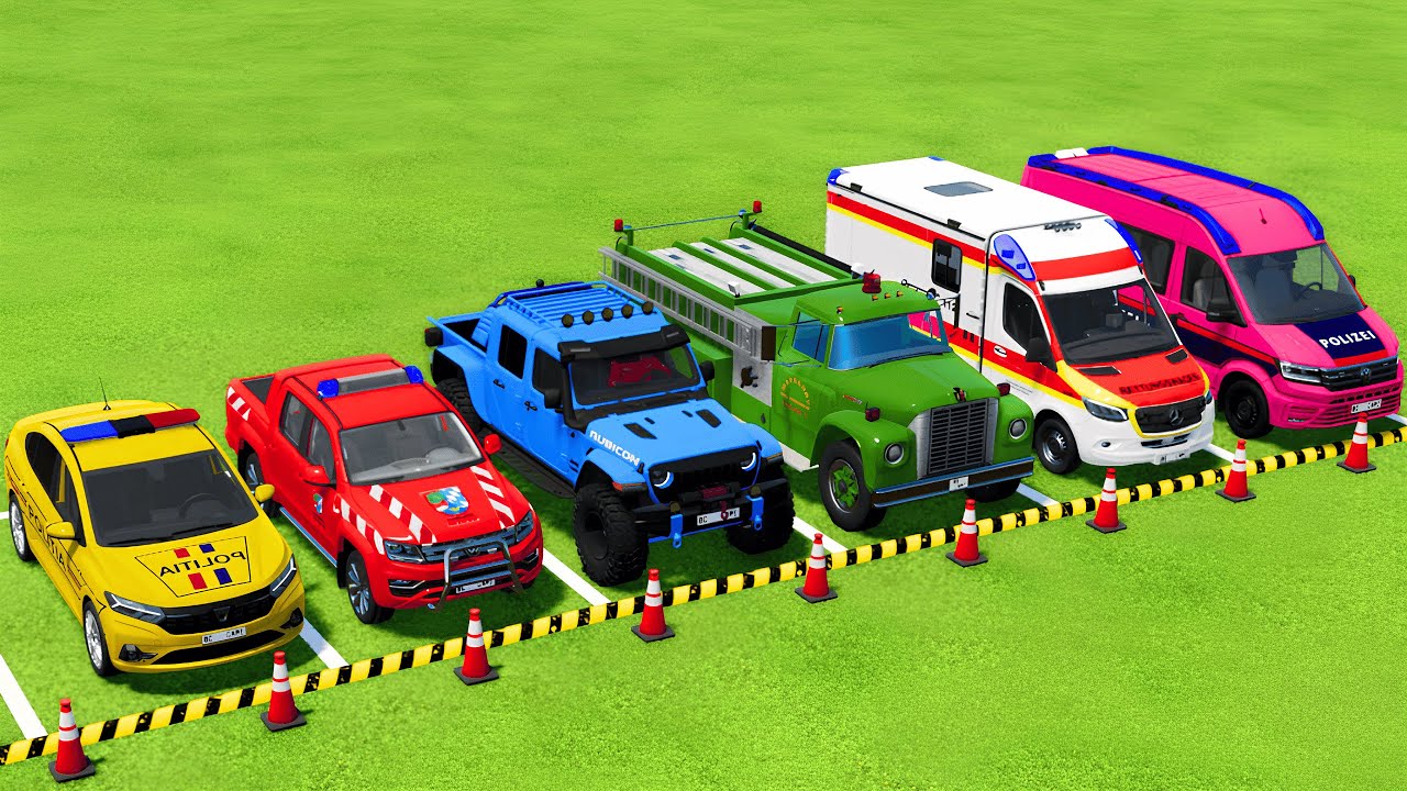 TRANSPORTING POLICE CARS, FIRE DEPARTMENT, AMBULANCE VEHICLES WITH TRUCKS ! Farming Simulator 25