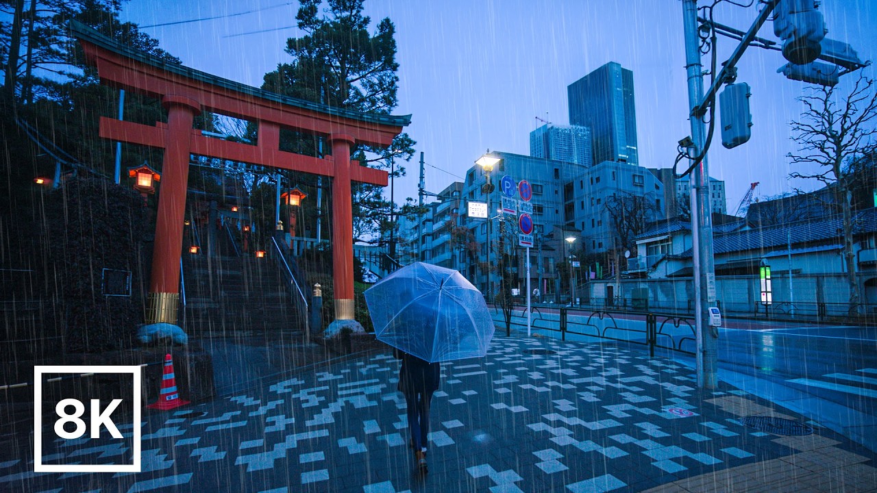 Rainy Dawn Walk in Tokyo Shrines 🌧️ / 8K 60fps HDR / Relaxing Piano & Rain Sounds
