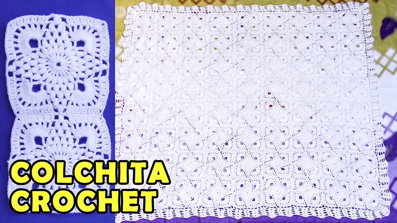 Colchita o Mantita para bebé tejido a crochet con cuadrados de puntos garbanzos con abanicos
