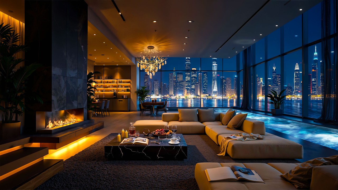 Luxury Apartment in Peaceful City Skyline 🌃 River Night Ambience with Smooth Jazz Music for Work