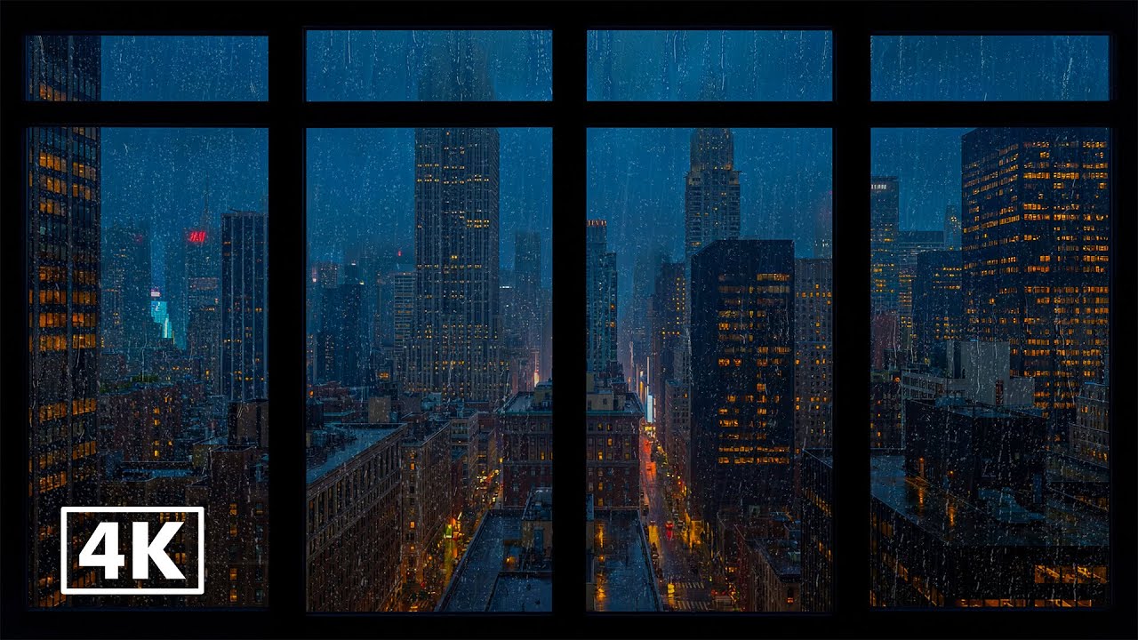 4K City Rainstorm Ambience 🌧️🌆 New York Window View with Rain Sounds, Thunderstorm for Study & Sleep