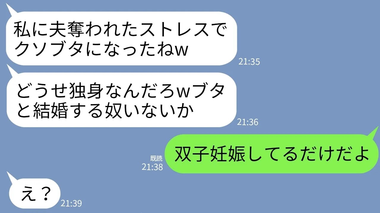 【LINE】不妊の私から夫を奪った幼馴染と知人の結婚式で再会。幼馴染「ブタさんじゃんwやけ食いした？」→私「双子妊娠してるからね」略奪女「え？」