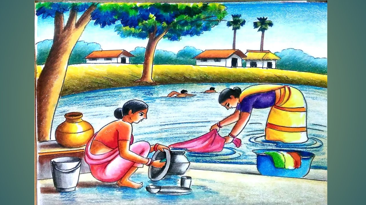 How to draw village scenery with pond/village pond drawing step by step