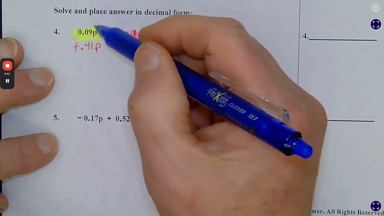 Algebra 1 Decimal Equations