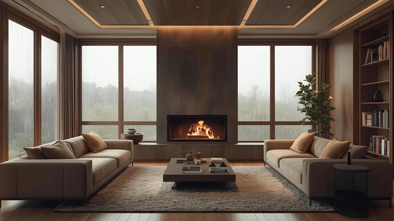 Cozy Living Room Fireplace | Fire Crackling & Gentle Rain (1 Hour, 4K)