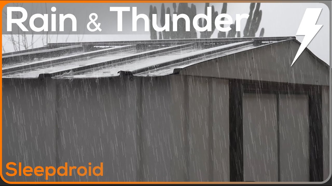 ►4k Video. 2 hours of Heavy Rain and Thunder on a metal roof storage shed. Rain on a TIn Roof