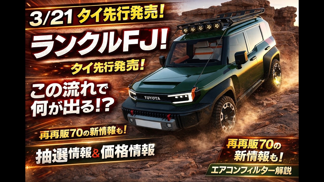 【きたーーー！！！】ランクルFJ！！3/21に日本より先行でタイで販売開始！！この流れで出る情報とは！？？抽選情報と価格情報！！再再販ランクル70！！エアコンフィルターの追加方法を動画で解説！！