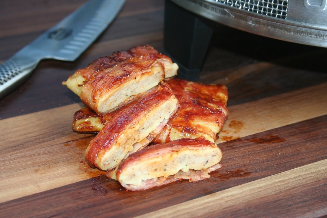 Bacon umwickelte Maultaschen vom Grill