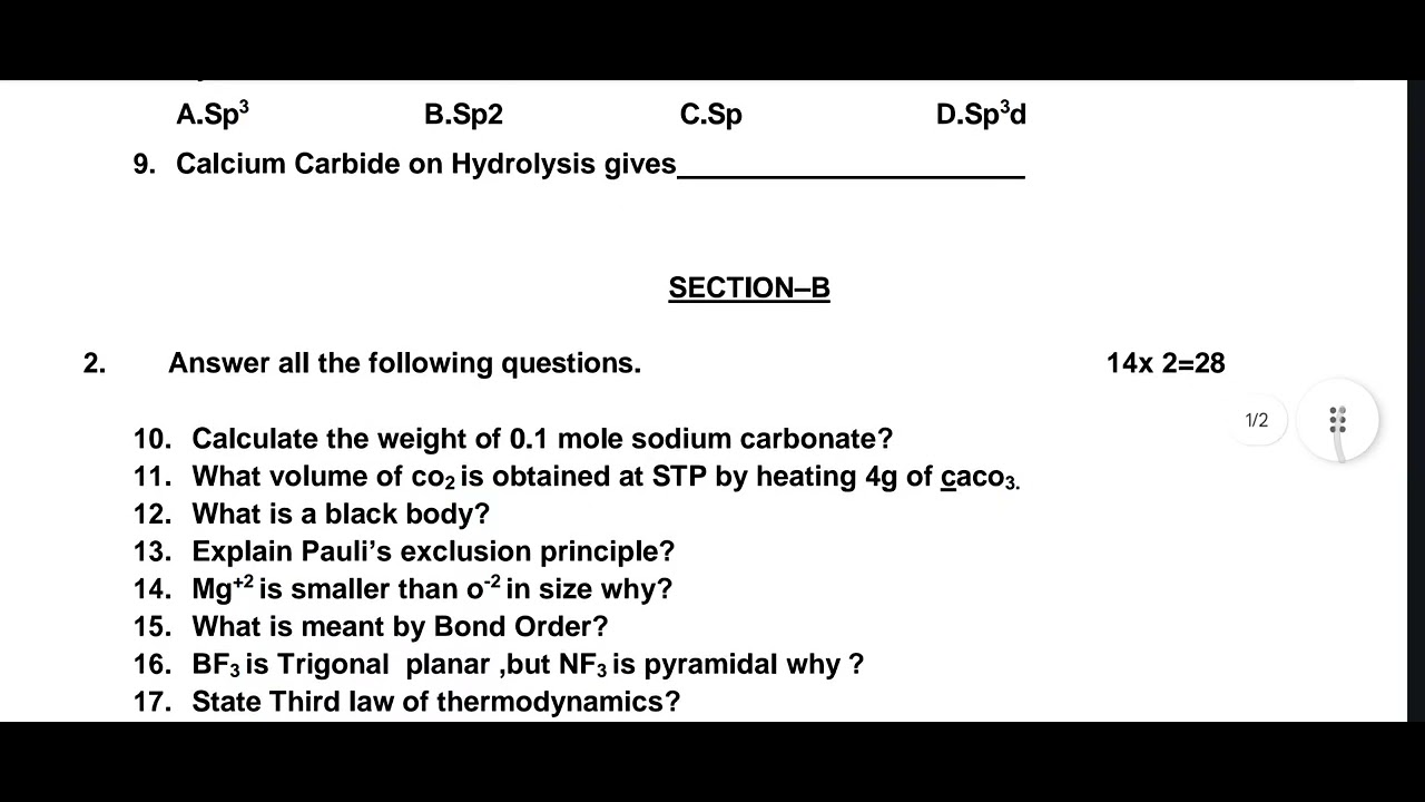 AP Intermediate 1st  year chemistry pre final exam board question paper 2025-26