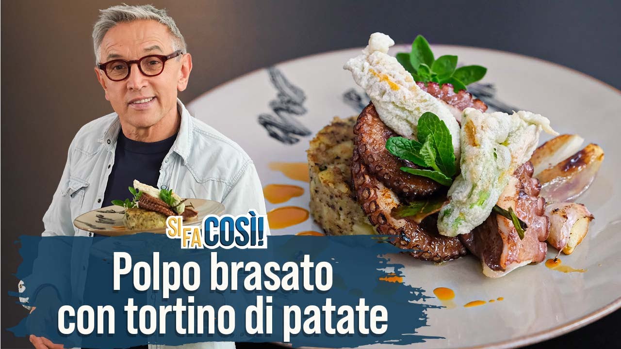 Polpo brasato con tortino di patate e fiori di zucca in tempura - Si fa così | Chef BRUNO BARBIERI