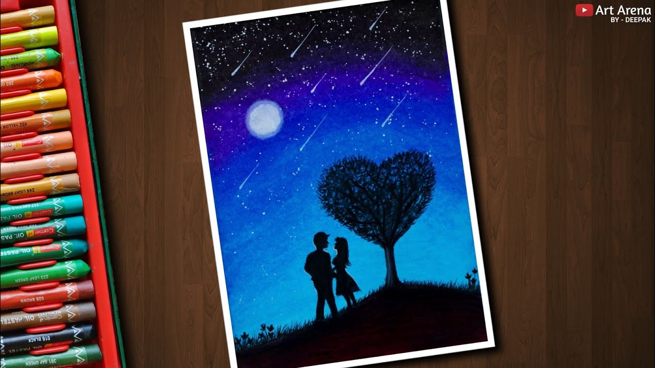 Moonlight Love Tree Drawing with Oil Pastels - Step by Step