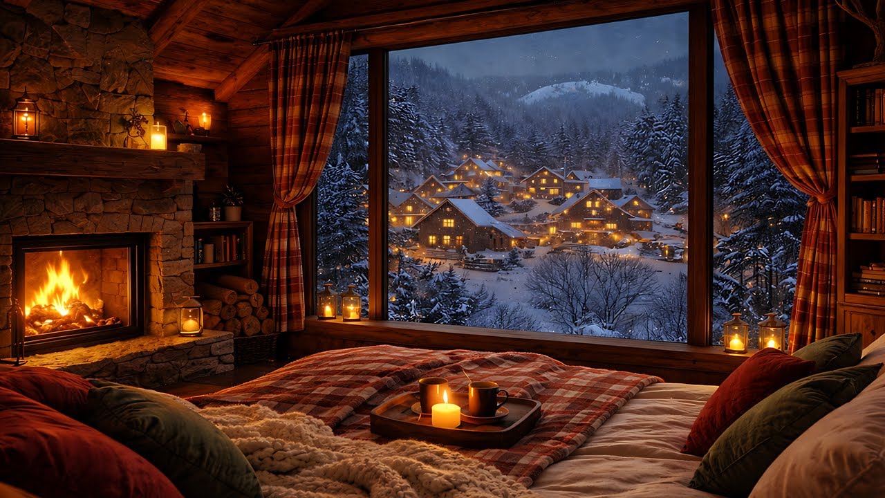 Cozy Winter Cabin Night  & Snowy Village View | Fireplace & Snowfall Sounds for Deep Sleep