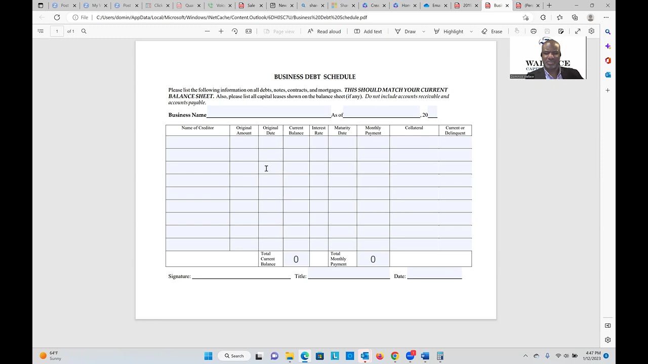 How to complete the Business Debt Schedule for an existing business