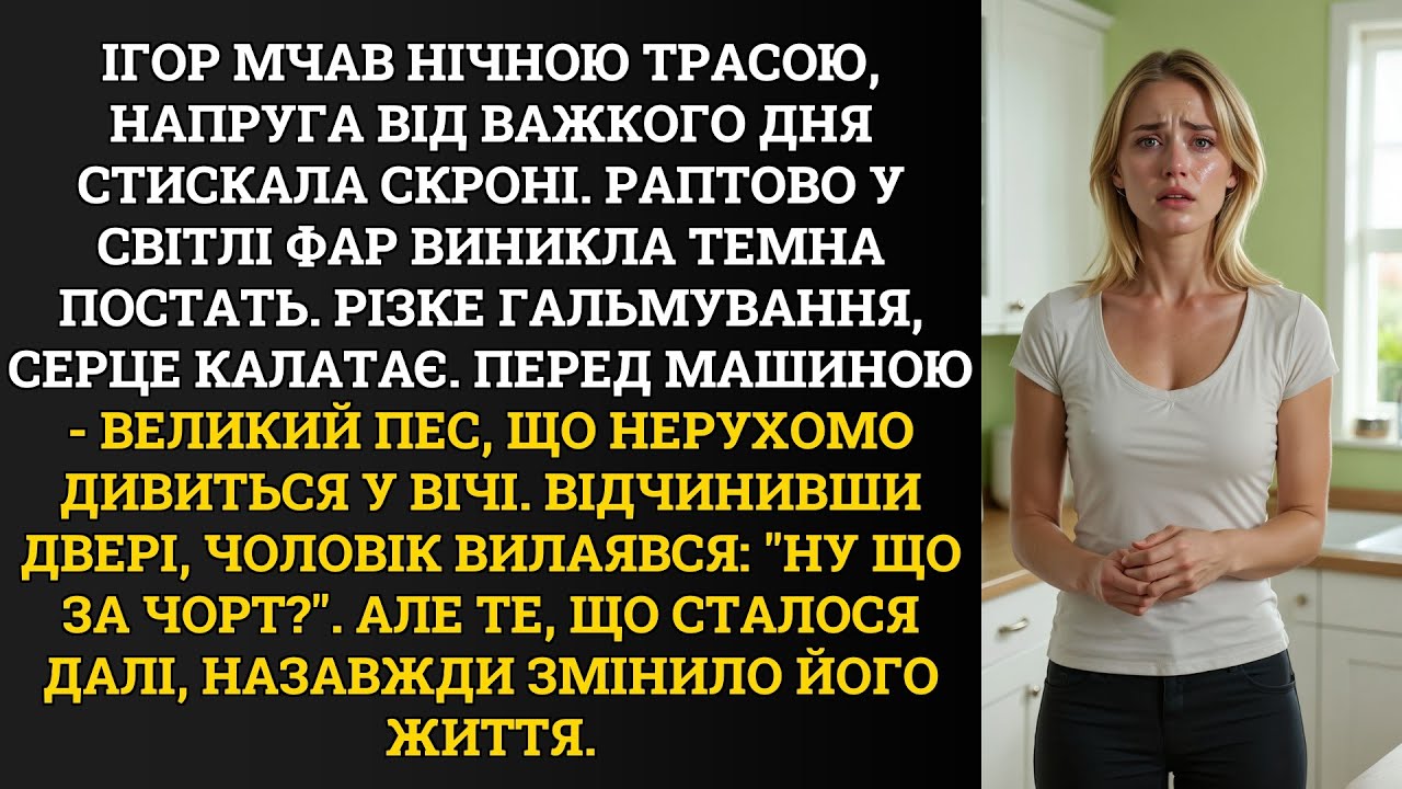 Ігор мчав нічною трасою, напруга від важкого дня стискала скроні. Раптово у світлі фар виникла