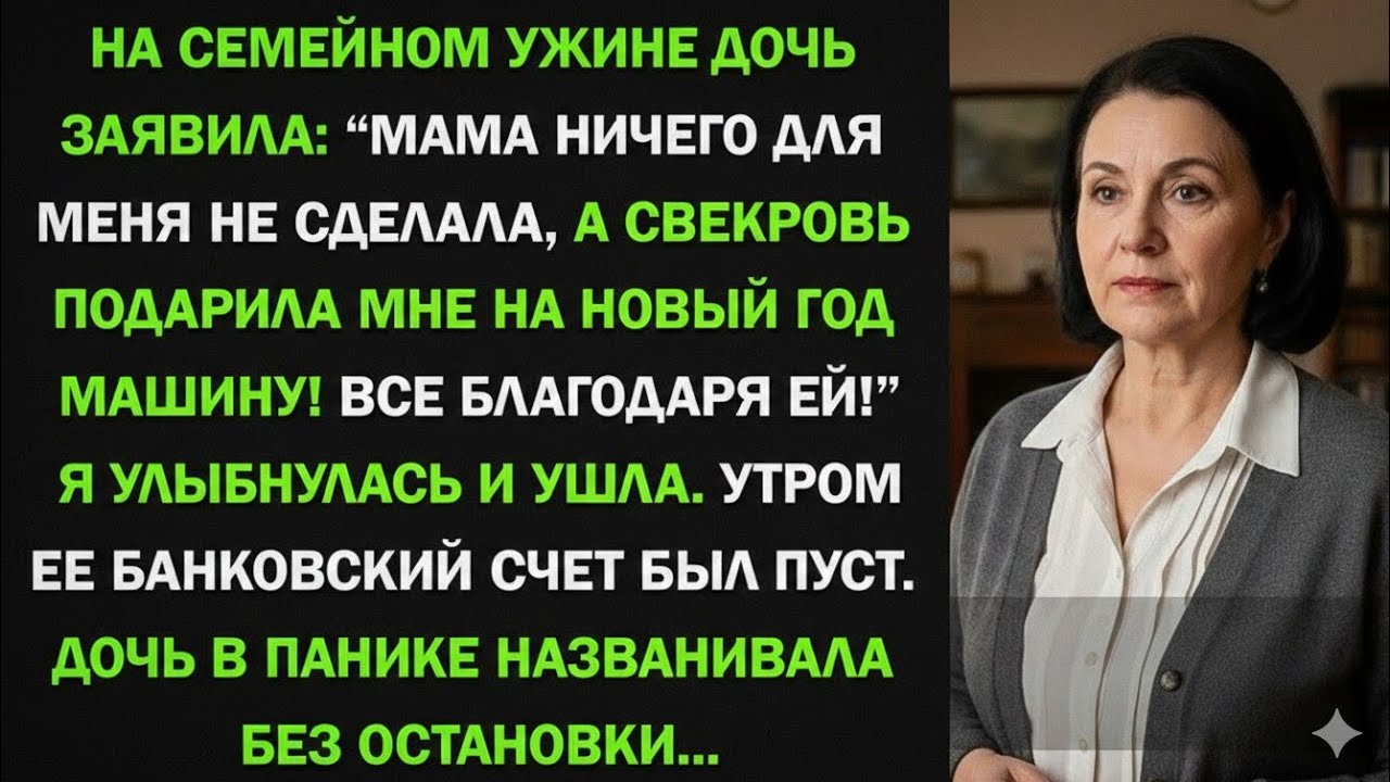 На новогоднем ужине дочь заявила: — Мама ничего для меня не сделала, а свекровь подарила мне машину!