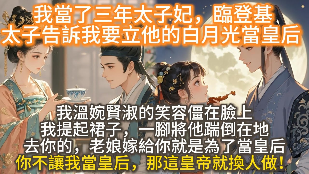 完結搞笑甜寵文：我當了三年太子妃，臨登基，太子告訴我要立他的白月光當皇后。我溫婉賢淑的笑容僵在臉上。我提起裙子，一腳將他踹倒在地。 去你的，老娘嫁給你就是為了當皇后，你不讓我當皇后，那這皇帝就換人做！
